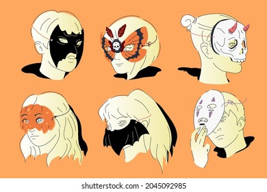 Junge Gesichter in Halloween Masken Vektorset. Trendige lineare Porträts einzeln auf orangefarbenem Hintergrund. Gesichtsmaske, Teufel, Kürbishalbmaske, Kaonashi-Maske ohne Gesicht, Totkopfmotte mit Schädelmaske.