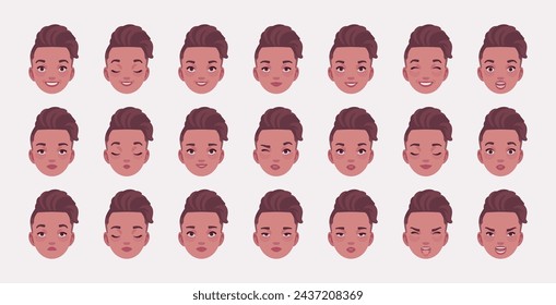 Young fade haircut woman, attractive female emotion set, cute girl appearance bundle portrait. Different nice face icons, positive, negative facial expression feature pic. Vector illustration circles