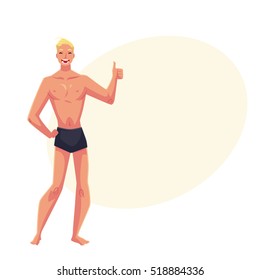 Young fair haired athletic man in swimming shorts giving thumb up, cartoon style vector illustration isolated on yellow background with place for text. Young and handsome blond haired man standing