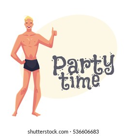 Young fair haired athletic man in swimming shorts giving thumb up, cartoon style invitation, greeting card design. Party invitation, advertisement, Young and handsome blond haired man standing