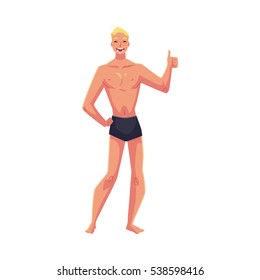 Young fair haired athletic man in swimming shorts giving thumb up, cartoon style vector illustration isolated on white background. Young and handsome blond haired man standing in shorts