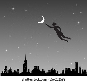 young fairy girl put the moon on the night city sky, magic night, black and white