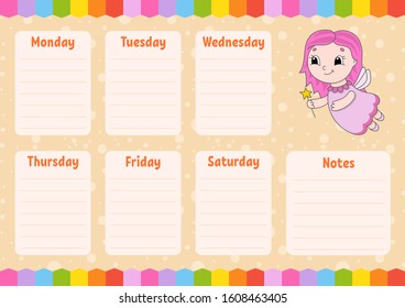 Young fairy. School schedule. Timetable for schoolboys. Empty template. Weekly planer with notes. Isolated color vector illustration. Cartoon character.