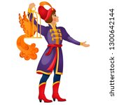 A young fairy tale man carries a fiery bird in a cage isolated on white background. Vector cartoon close-up illustration.