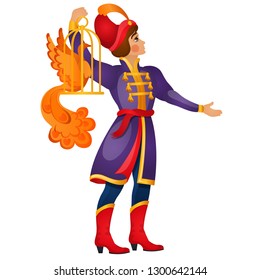 A young fairy tale man carries a fiery bird in a cage isolated on white background. Vector cartoon close-up illustration.