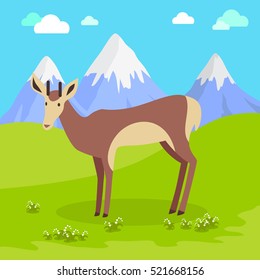 Young fallow deer male with horns on mountain meadow with snowy mountains behind. Flat style vector. North nature beauty. For travel, nature concept, children's book illustrating, printing material