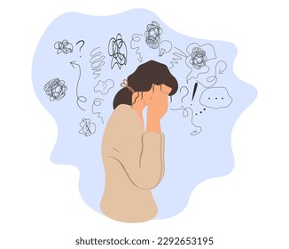 La joven familia está rodeada por un flujo de pensamientos, cerrando la cara con las palmas en la desesperación, caos en la cabeza. Desorden mental, encontrar respuestas, concepto de confusión. Vectorilustración