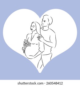 young family are awaiting for childbirth. Pregnant woman with husband. Illustration of Expecting Parents Standing Side by Side
