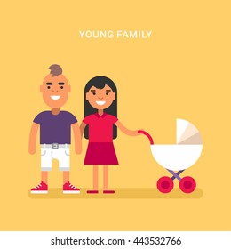 Young family with a babby carriage. Colored flat vector illustration on yellow background