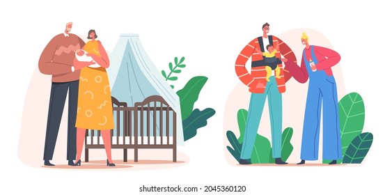 Young Family with Baby in Bedroom. Mother and Father Characters Care of Newborn Child, Holding on Hands, Use Hipseat and Feeding. Parenting, Loving Mom and Dad. Cartoon People Vector Illustration
