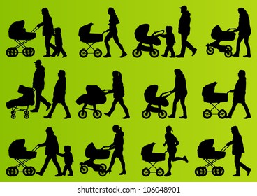 Young family baby pram and carriage detailed silhouettes illustration collection background vector