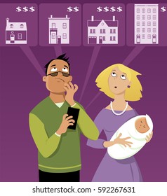 Young Family With A Baby Searching For An Affordable  House On Internet, Using A Mobile Phone, EPS 8 Vector Illustration, No Transparencies