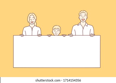 Young Family With A Banner. Hand Drawn Style Vector Design Illustrations.