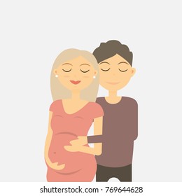 Young family. A beautiful pregnant woman who is hugging her husband. Happy pregnancy. A happy family. Vector illustration.