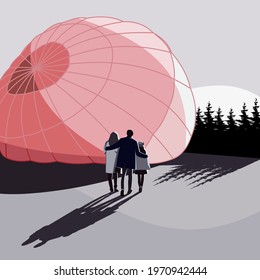 A young family before a hot air balloon trip. Vector illustration.