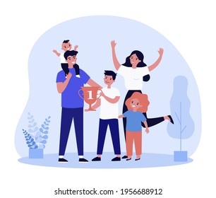 Young family being happy about sport achievement award. Flat vector illustration. Cartoon parents and children cheering elder son about winning sporting competition. Sport, win, family concept