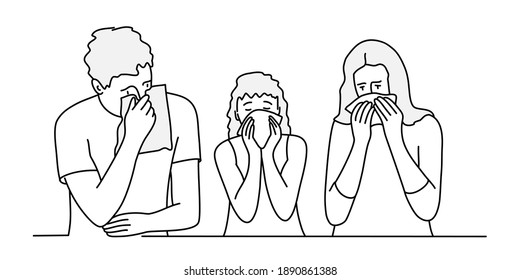 Young family caught a cold while sneezing at home. Coronavirus concept. Hand drawn vector illustration.