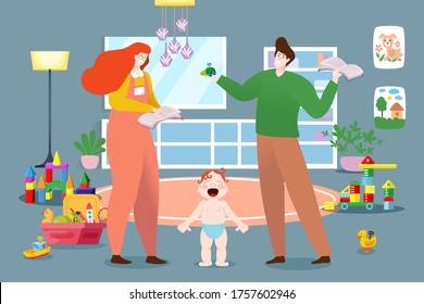 Young family character male female nurse crying baby, husband and wife care infant playground cartoon vector illustration. Cozy interior toy room, place plaything household entertains child.