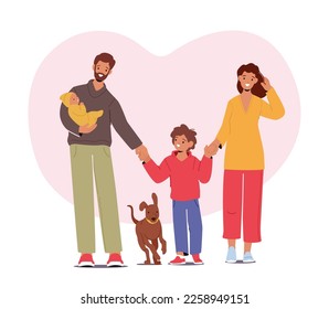 Young Family Characters Children, Parents And Pet Enjoying Outdoor Walk, Bonding And Spending Time Together. Relaxed People with Happy Faces, Postures, Smiles And Love . Cartoon Vector Illustration