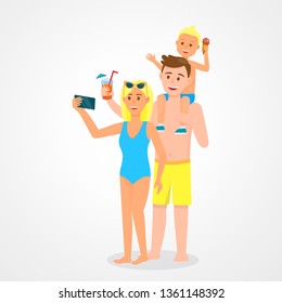 Young Family with Child in Beach Clothing Holding Cocktails and Making Selfie Isolated on White Background. Father, Mother and Little Son Sitting on Dads Shoulders. Cartoon Flat Vector Illustration.