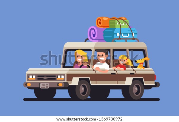 Young\
family with a child and a dog go on a trip by\
car	