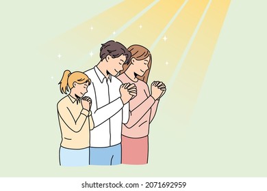Young family with child keep hands in prayer have religious superstitious time in church. Parents with small kid pray to God in chapel. Worship and religion. Faith concept. Flat vector illustration. 