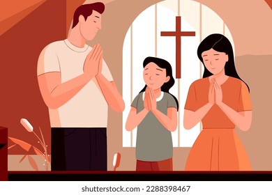 Young family with child keep hands in prayer have worship time in evangelical church. Parents with small kid pray to God in chapel. Worship and religion. Faith concept. Flat vector illustration