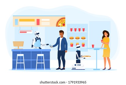 Young family with a child make an order at a fast food restaurant. A robot worker serves people in a restaurant. Futuristic concept of automated processes in catering establishments. Flat Illustration