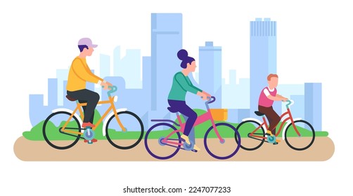 Young family and child riding bicycles. Happy cyclists in park. Outdoor sport. Active leisure. Eco transport. Parents with son travel by bikes. People biking in nature