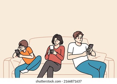 Young family with child sit on sofa browsing internet on modern smartphone. Parents and small kid addicted to cellphones, using gadgets together at home. Technology addiction. Vector illustration. 