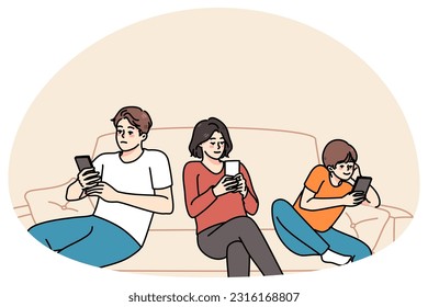 Young family with child sit on sofa browsing internet on modern smartphone. Parents and small kid addicted to cellphones, using gadgets together at home. Technology addiction. Vector illustration.