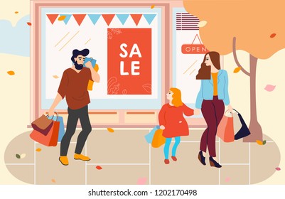 Young family with child walking out in front of the store.