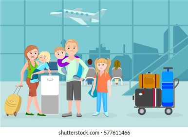 Young family with children at airport waiting for flight. Man and woman standing at payment terminal. Takeoff and landing of aircraft. passenger arrivals waiting room. Trolley with suitcases. Vector.