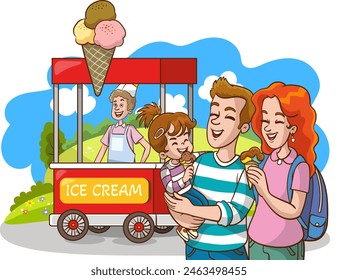 Young family with children buy ice cream at cart kiosk. Street food booth in park. Vendor at outdoor counter. Mother and father together with kids. People walk in nature