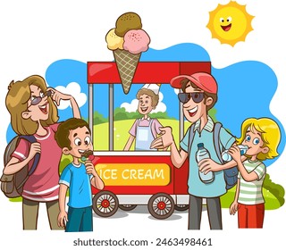 Young family with children buy ice cream at cart kiosk. Street food booth in park. Vendor at outdoor counter. Mother and father together with kids. People walk in nature