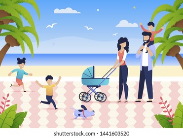 Young Family with Children Enjoy Summer Vacation. Little Dog Running away from Children. Man Holding his Son his Shoulders. Smiling Woman with Pram. Joint Vacation Husband with his Wife and Children.