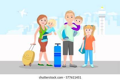 Young family with children in front of the airport building. Man and woman with luggage go on a trip. Tourists are preparing for the holiday. Family travel. The plane flies in the sky. Vector.