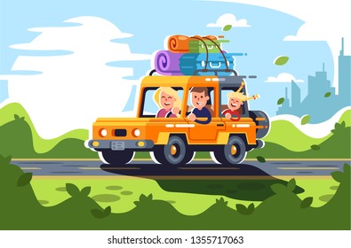 Young family with children go on a trip by car