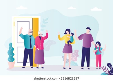 Young family with children leaves grandparents house. Independent living, separate living in your own home. Relocation, a long journey without grandparents. Relationship problems. vector illustration