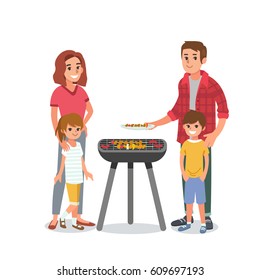 Young family with children making barbecue. Vector illustration. Family portrait isolated on white background.