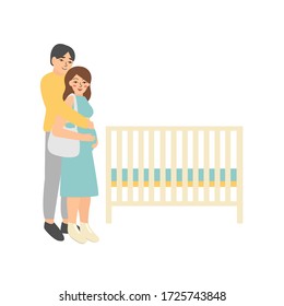 Young family choosing baby crib in kids store. Pregnant shopping flat vector illustration of man and pretty woman waiting for a birth child. Isolated white background