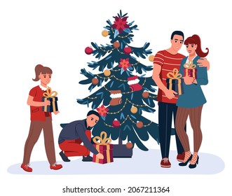 A young family at the Christmas tree open boxes with gifts. Flat festive vector isolated illustration