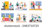 Young family cleaning home. Couples doing housework together. Housewives, householding process. Washing clean ironing, splendid vector scenes