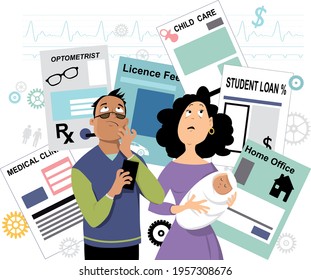 Young family confused over tax deduction documents, EPS 8 vector illustration