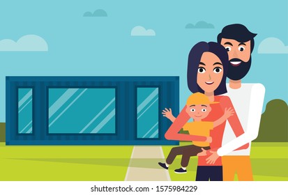 Young Family Consisting Of Man, Woman, Child, Happy Near Their Own Modern Home With Metal Container. Affordable Housing For Young Parents. Wind Image Of Flat Style