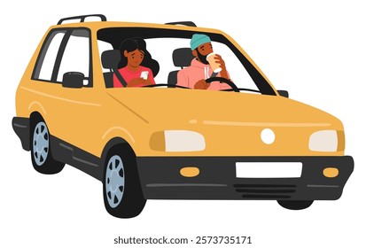 Young family couple cartoon characters riding car enjoying road trip adventure isolated on white. Man husband driver drinking coffee, woman wife passenger using mobile phone vector illustration