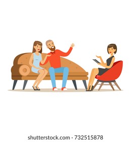 Young family couple characters talking to female psychologist about their problems, psychotherapy counseling, psychologist having session with patient vector Illustration