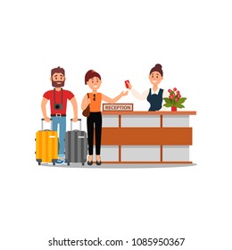 Young family couple at hotel reception. Desk clerk extending hand with key card. People on vacation. Flat vector design