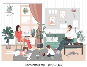 Young family couple and kids stay home and have distant work and learning during pandemic. Young parents with sons and daughter have remote job. Online business with children in quarantine lockdown