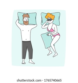 Young Family Couple Male And Female Characters Sleeping On Comfy Bed Top View. Naked Man Wearing Pajama Sleep On Back With Hands Under Head. Woman Hugging Pillow. Linear People Vector Illustration